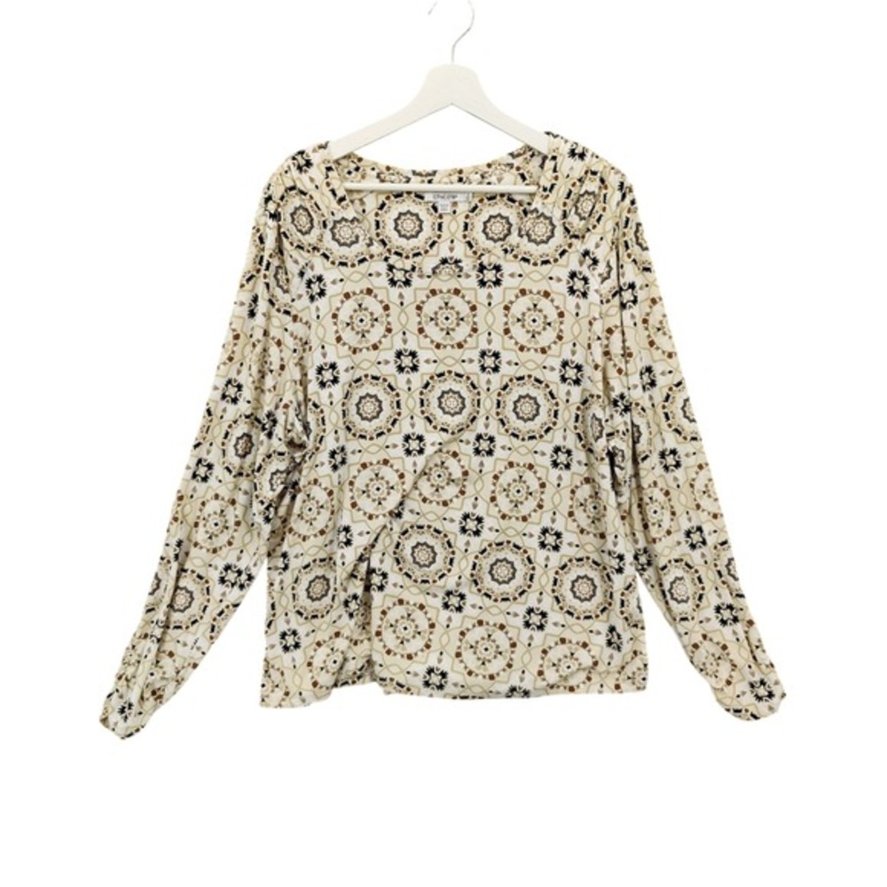 Chicos Womens Earthy Artsy Geometric Medallion Top 4 XXL Shirt Beige Long Sleeve